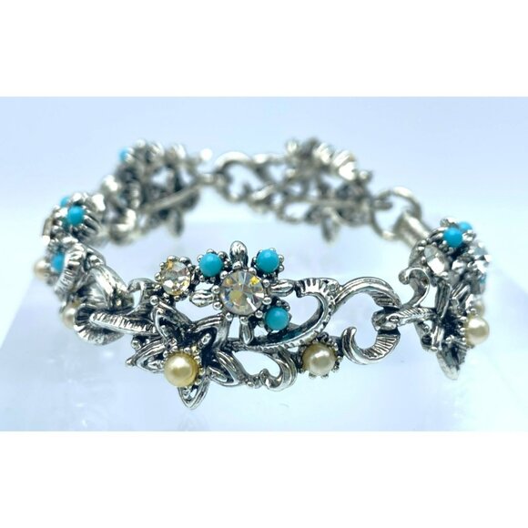 Star Jewelry - Vintage Star Jewelry Marked Bracelet Faux Pearl Turquoise Rhinestone 7 1/4" long